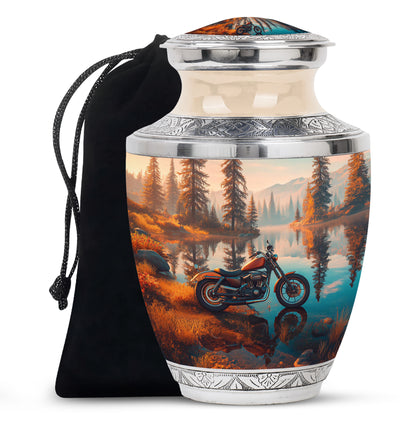 Gilded Gold Bike Cremation Urn side profile showing urn shape - contemporary bike design with modern artistic flair - full-size 10 inch 200 cubic inch adult cremation urn