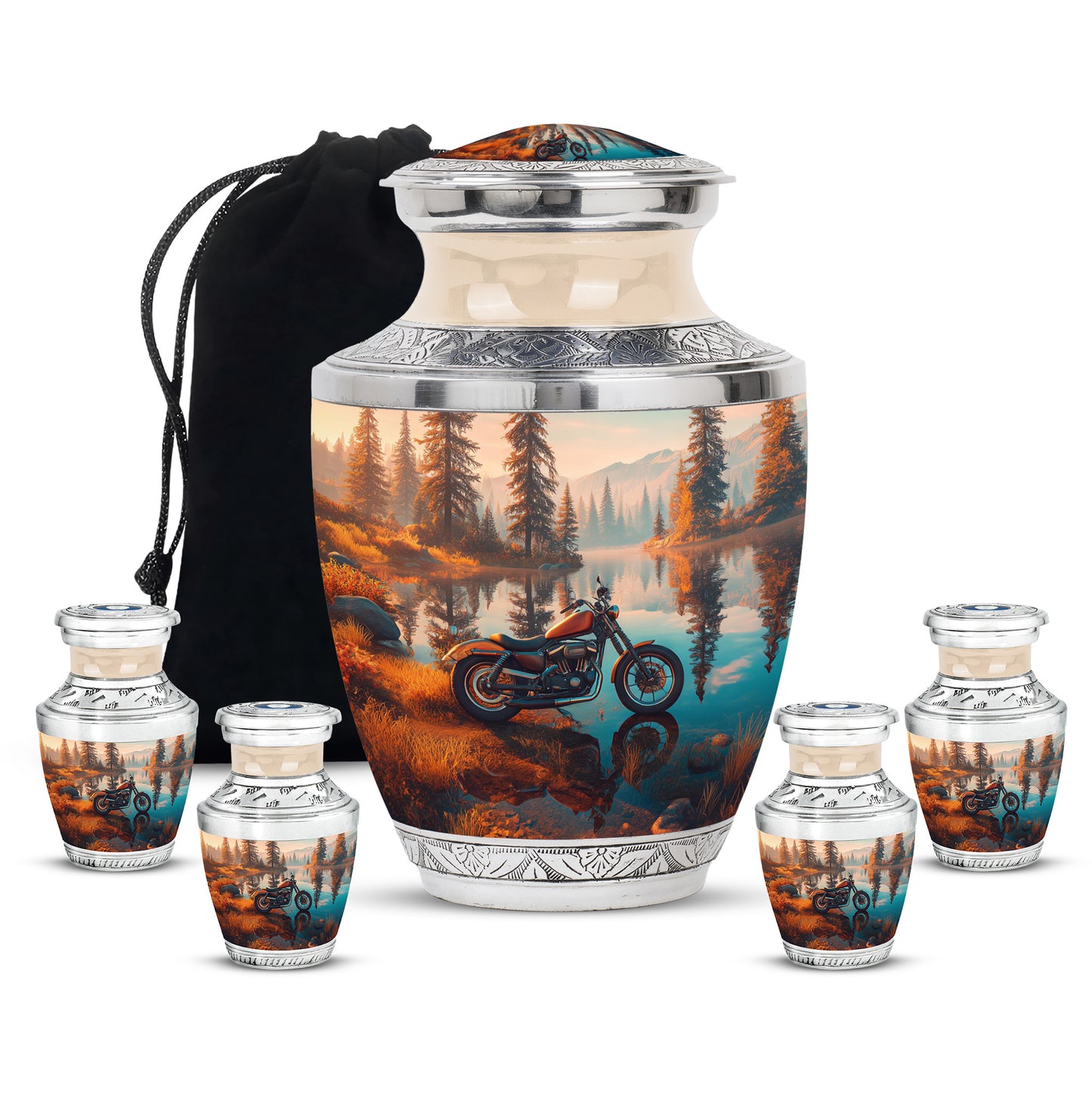 Harvest Gold Bike Cremation Urn lifestyle display on memorial shelf - artistic bike interpretation with creative detail - memorial set with one large and four small urns