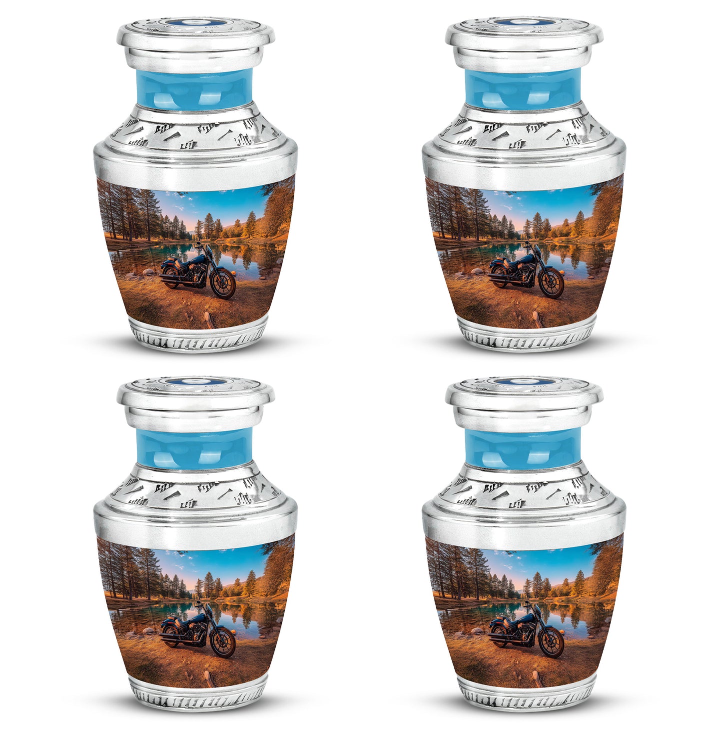 Ocean Teal Bike Cremation Urn back view with polished surface - contemporary bike design with modern artistic flair - 10 inch aluminum urn for cremated remains
