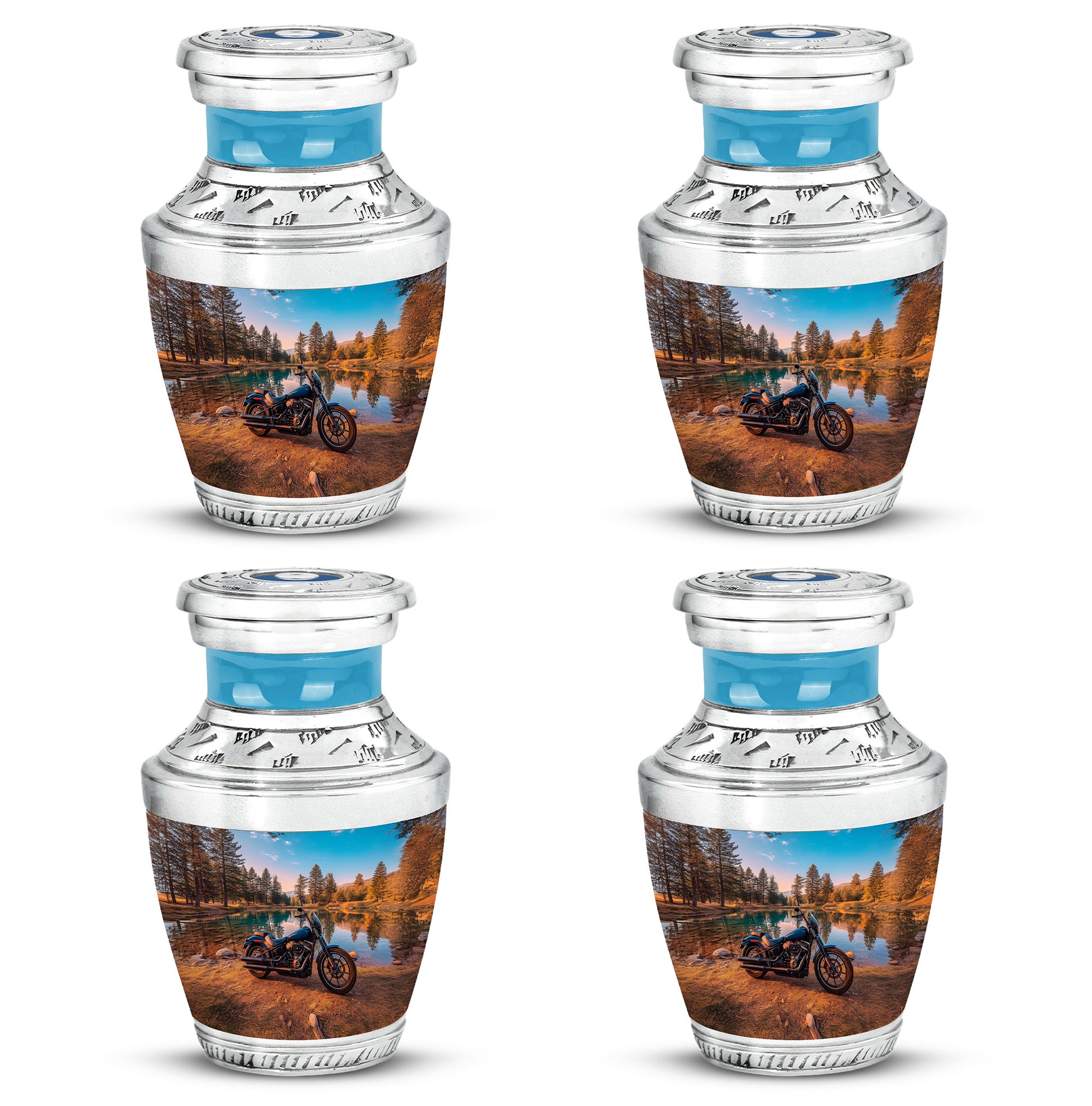 Ocean Teal Bike Cremation Urn back view with polished surface - contemporary bike design with modern artistic flair - 10 inch aluminum urn for cremated remains