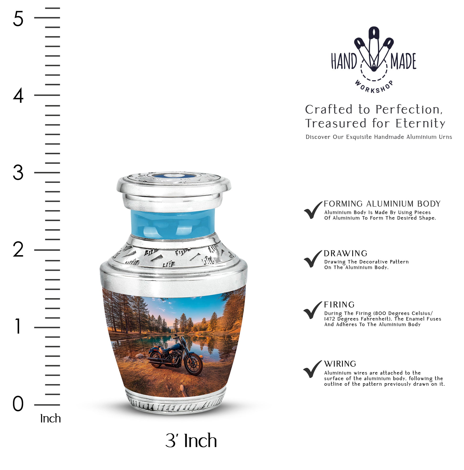 Vivid Teal Bike Cremation Urn top-down view of secure threaded lid - stylized abstract bike pattern with bold lines - mini keepsake memorial for portion of cremation ashes