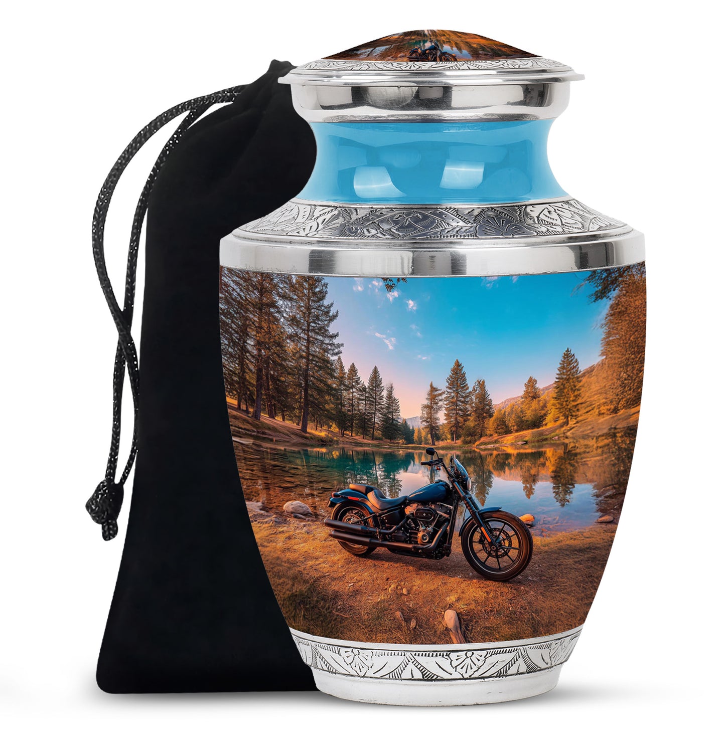 Tropical Teal Bike Cremation Urn side profile showing urn shape - stylized abstract bike pattern with bold lines - full-size 10 inch 200 cubic inch adult cremation urn