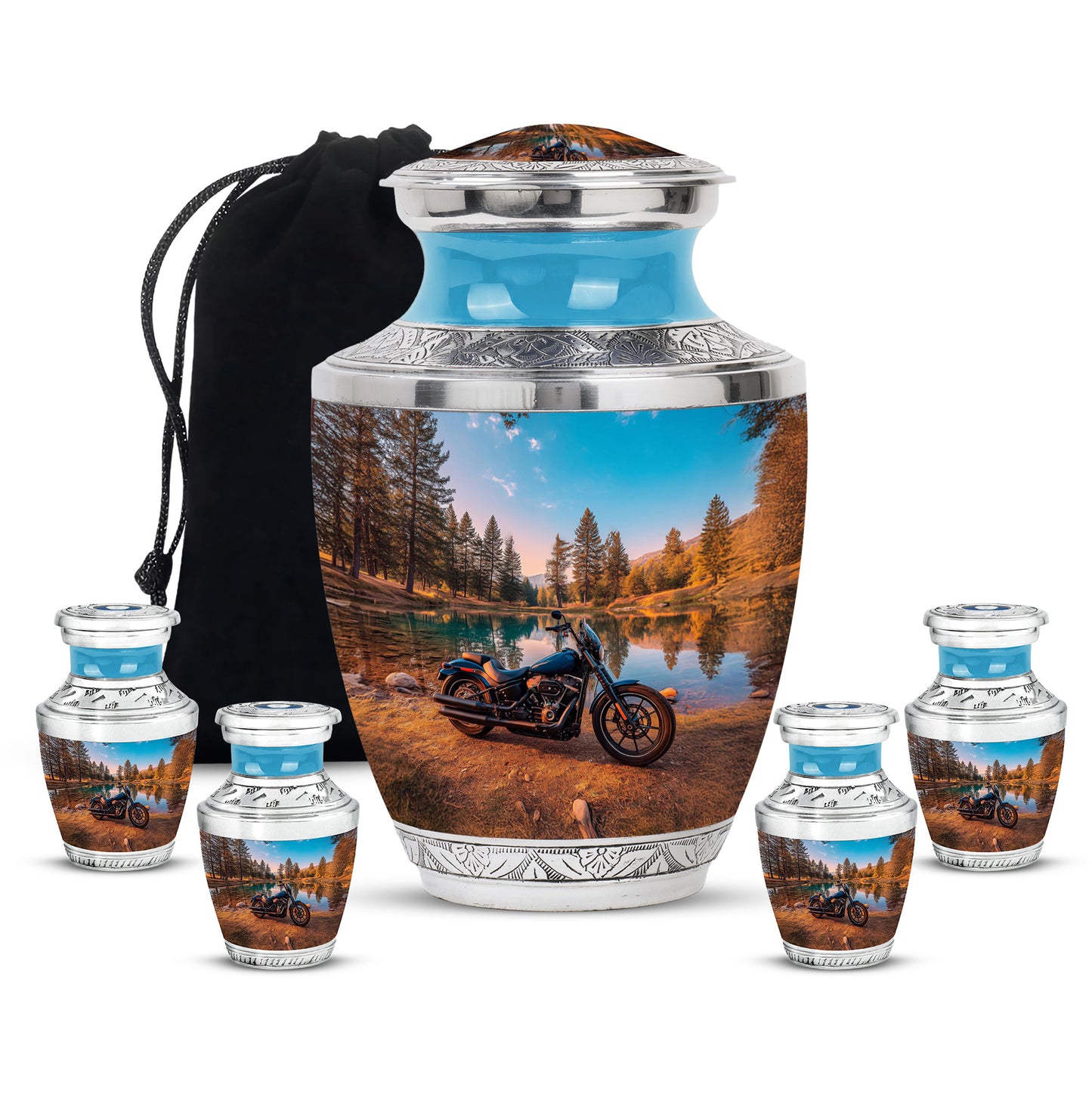 Vivid Teal Bike Cremation Urn lifestyle display on memorial shelf - stylized abstract bike pattern with bold lines - memorial set with one large and four small urns