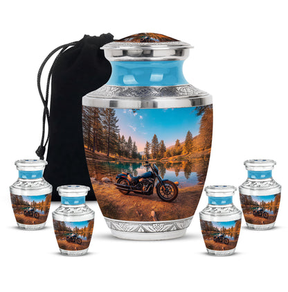 Vivid Teal Bike Cremation Urn lifestyle display on memorial shelf - stylized abstract bike pattern with bold lines - memorial set with one large and four small urns