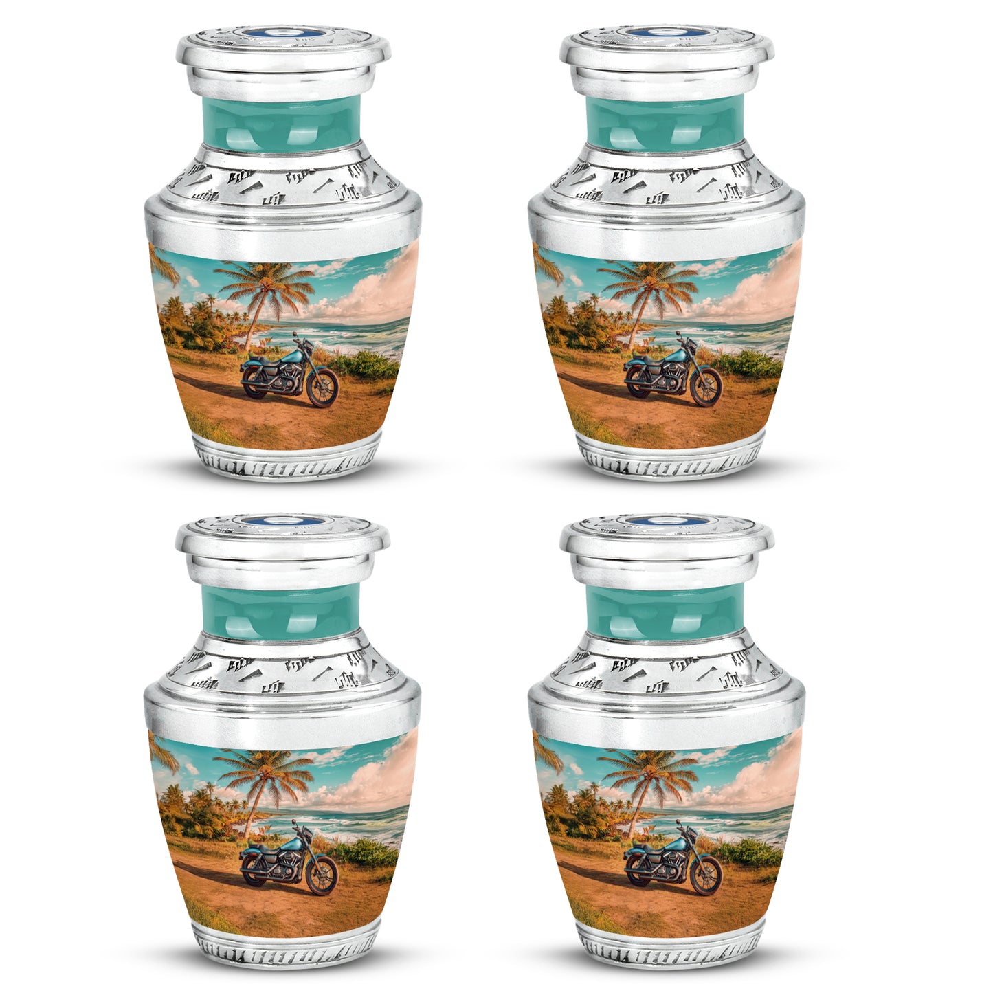 Soft Teal Bike Cremation Urn back view with polished surface - contemporary bike design with modern artistic flair - 10 inch aluminum urn for cremated remains