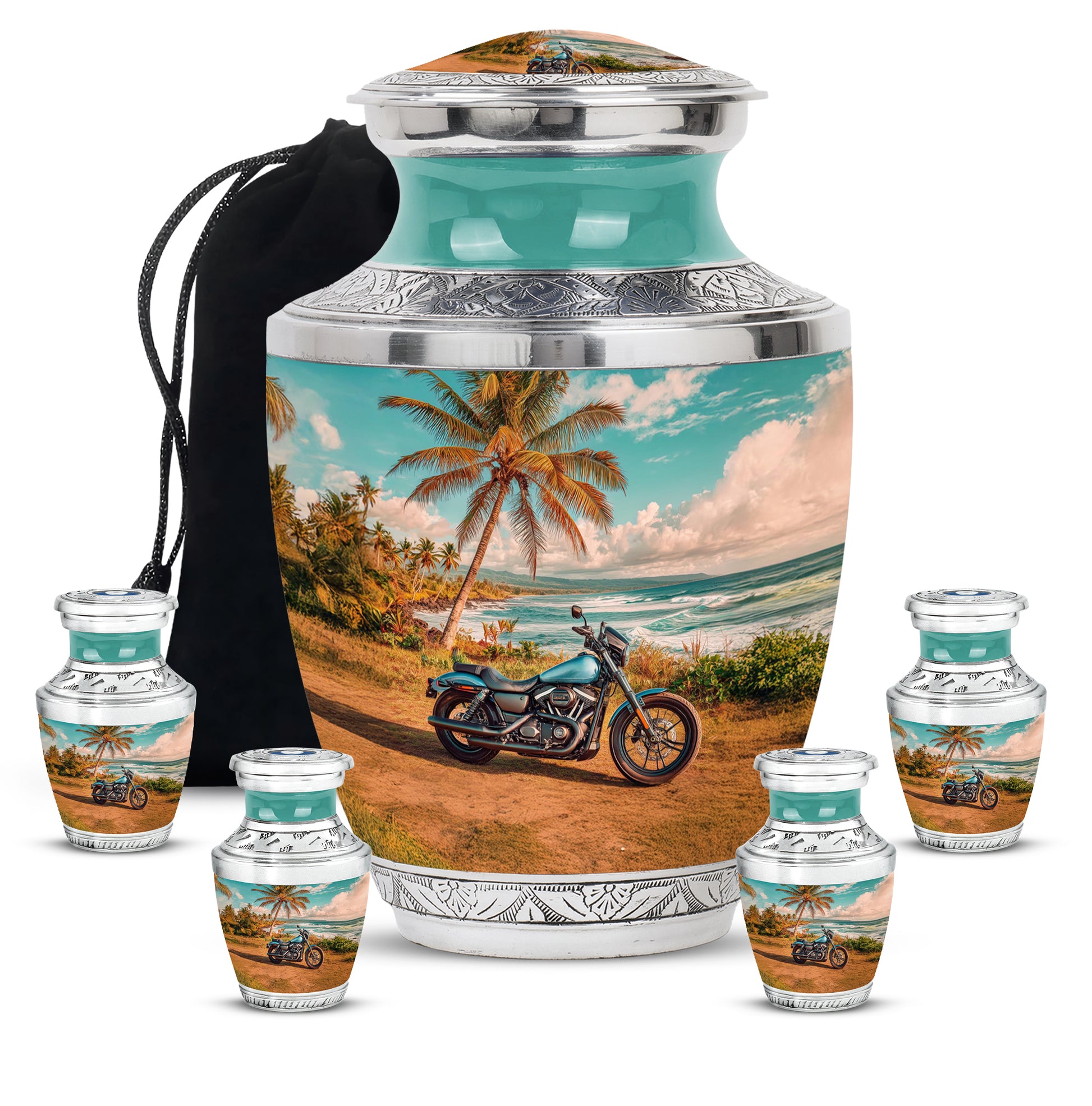 Tropical Teal Bike Cremation Urn lifestyle display on memorial shelf - stylized abstract bike pattern with bold lines - memorial set with one large and four small urns