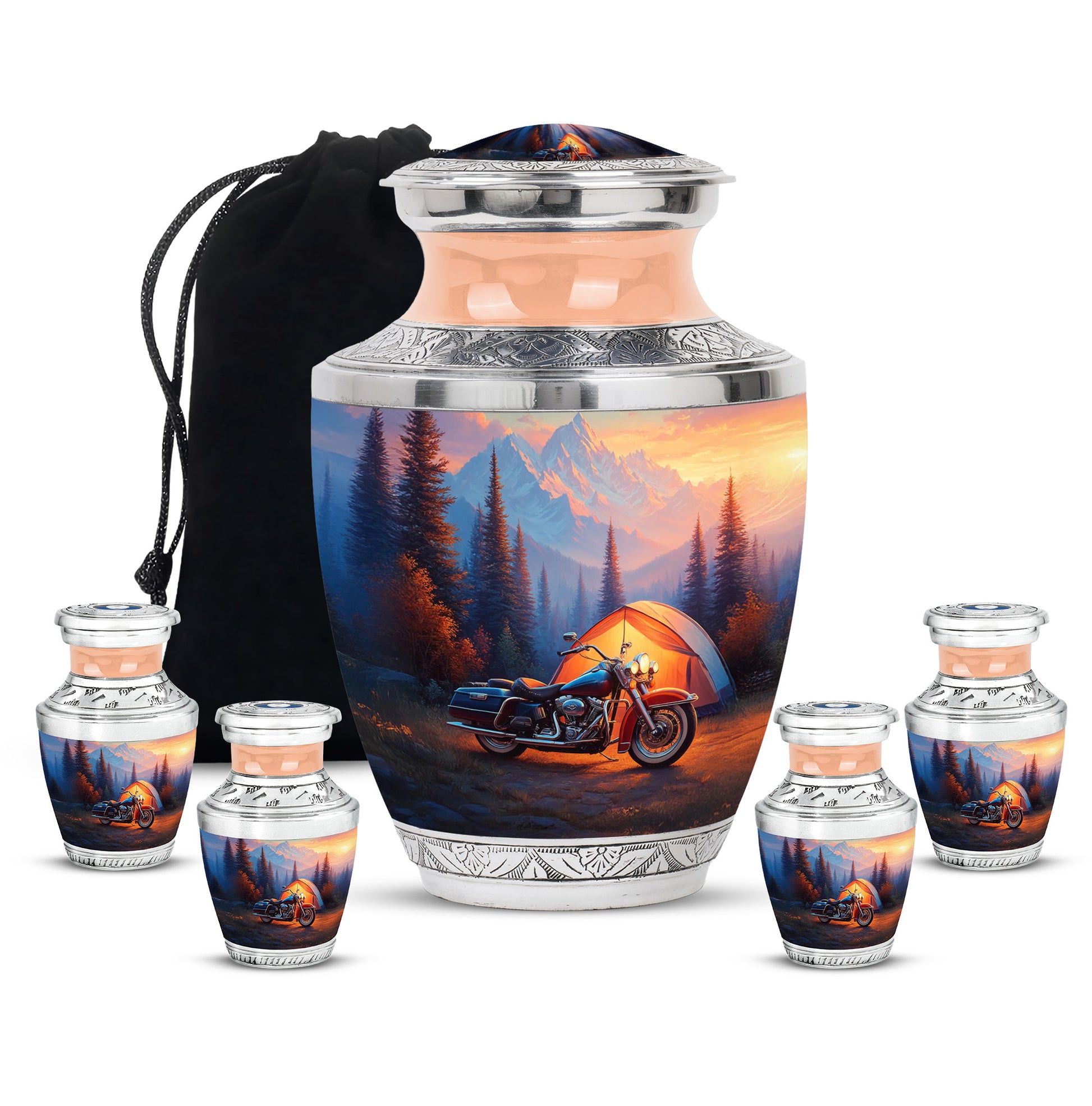 Soft Blue Bike Cremation Urn lifestyle display on memorial shelf - stylized abstract bike pattern with bold lines - memorial set with one large and four small urns