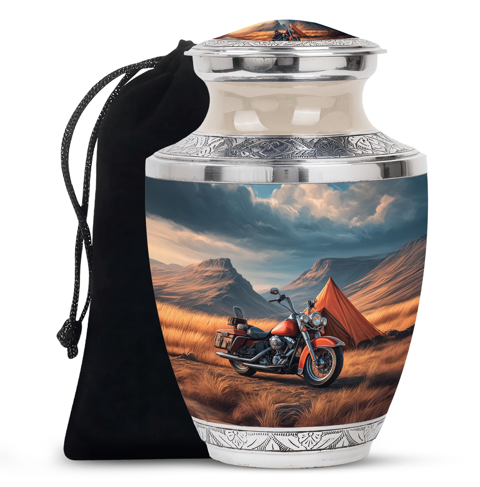 Sky Blue Bike Cremation Urn side profile showing urn shape - contemporary bike design with modern artistic flair - full-size 10 inch 200 cubic inch adult cremation urn