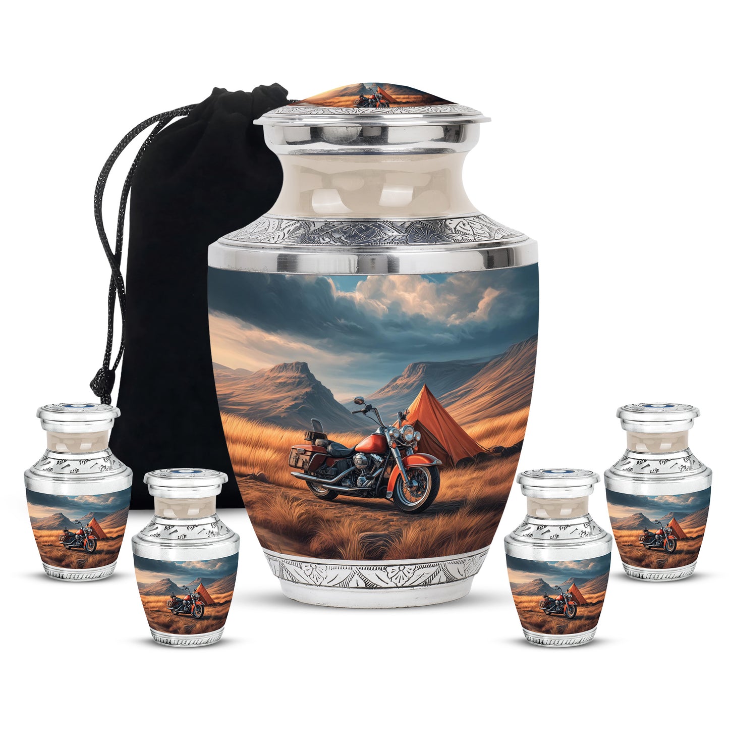 Powder Blue Bike Cremation Urn lifestyle display on memorial shelf - contemporary bike design with modern artistic flair - memorial set with one large and four small urns