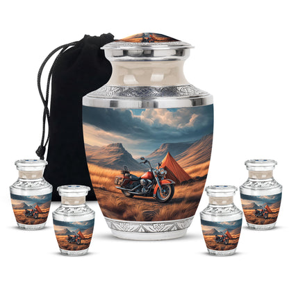 Powder Blue Bike Cremation Urn lifestyle display on memorial shelf - contemporary bike design with modern artistic flair - memorial set with one large and four small urns
