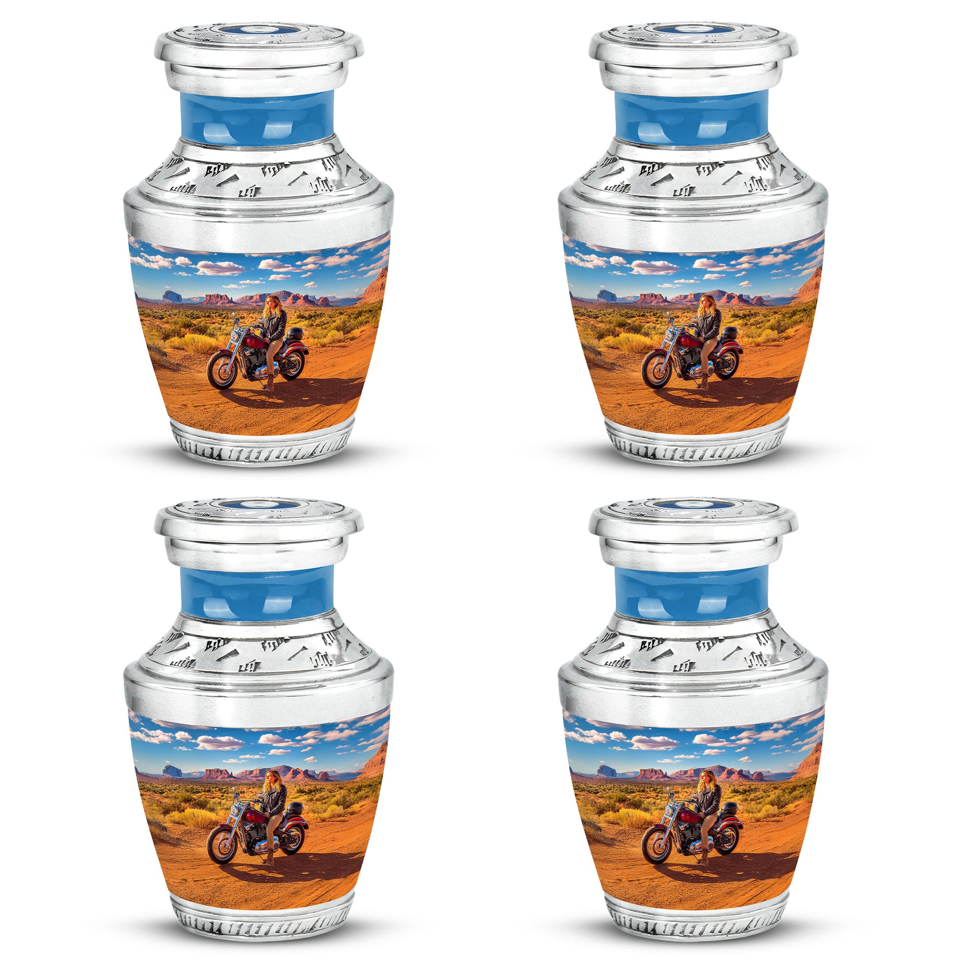 Azure Bike Cremation Urn back view with polished surface - modern art-inspired bike motif on sleek aluminum - 10 inch aluminum urn for cremated remains