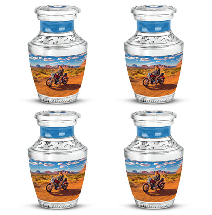 Azure Bike Cremation Urn back view with polished surface - modern art-inspired bike motif on sleek aluminum - 10 inch aluminum urn for cremated remains