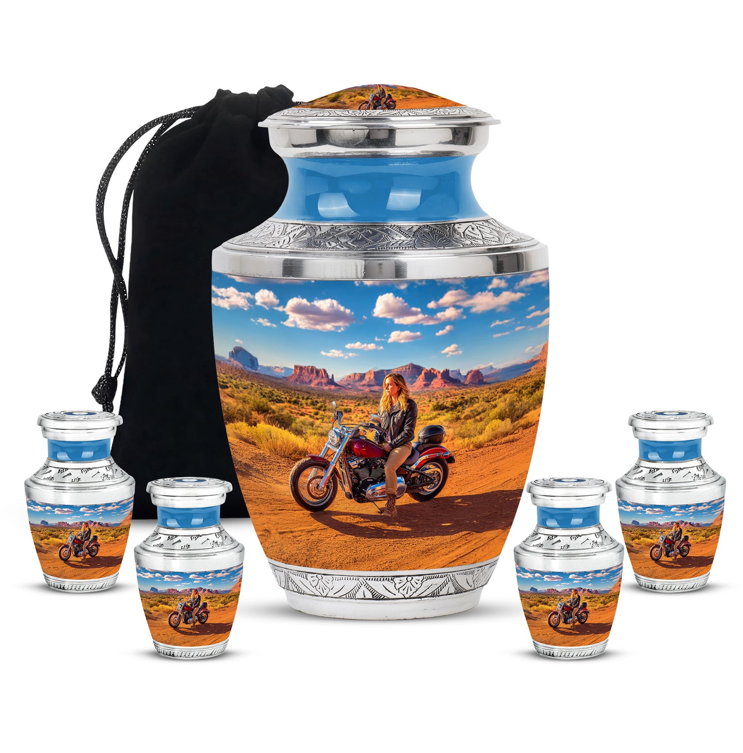 Vivid Blue Bike Cremation Urn lifestyle display on memorial shelf - artistic bike interpretation with creative detail - memorial set with one large and four small urns