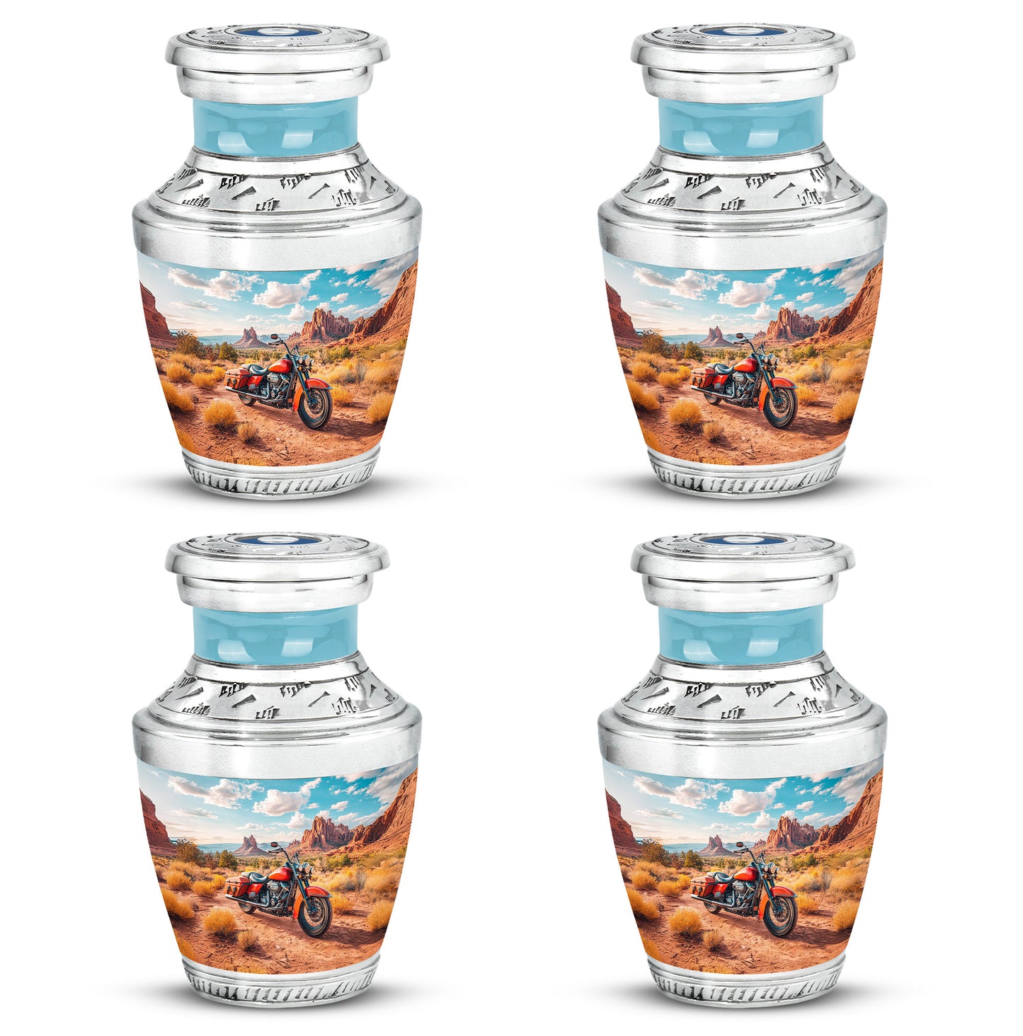 Vivid Teal Bike Cremation Urn back view with polished surface - stylized abstract bike pattern with bold lines - 10 inch aluminum urn for cremated remains