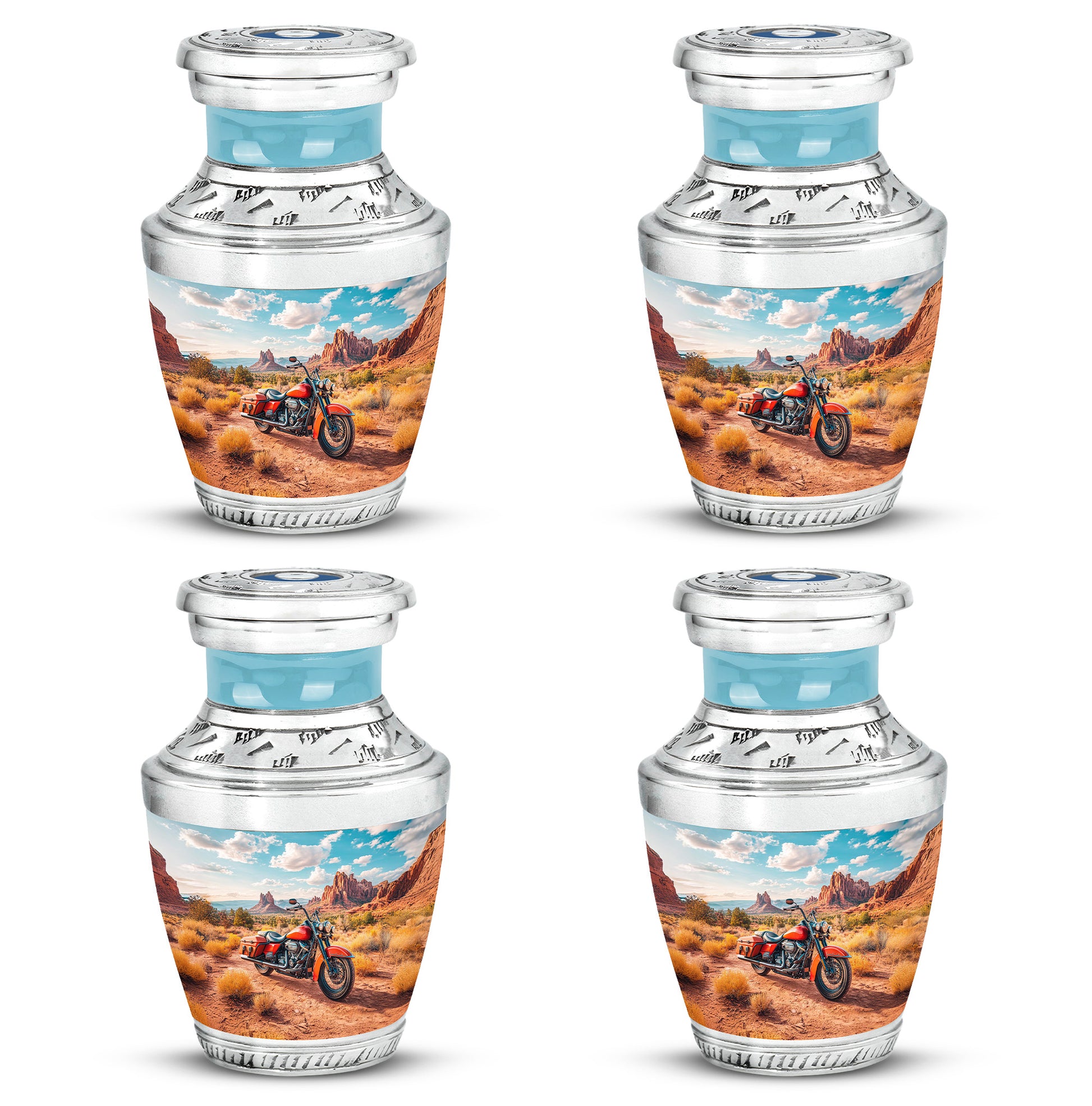 Vivid Teal Bike Cremation Urn back view with polished surface - stylized abstract bike pattern with bold lines - 10 inch aluminum urn for cremated remains