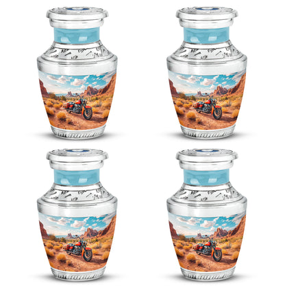Vivid Teal Bike Cremation Urn back view with polished surface - stylized abstract bike pattern with bold lines - 10 inch aluminum urn for cremated remains