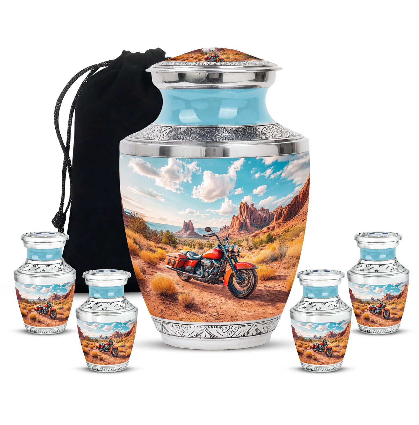 Tropical Teal Bike Cremation Urn lifestyle display on memorial shelf - stylized abstract bike pattern with bold lines - memorial set with one large and four small urns