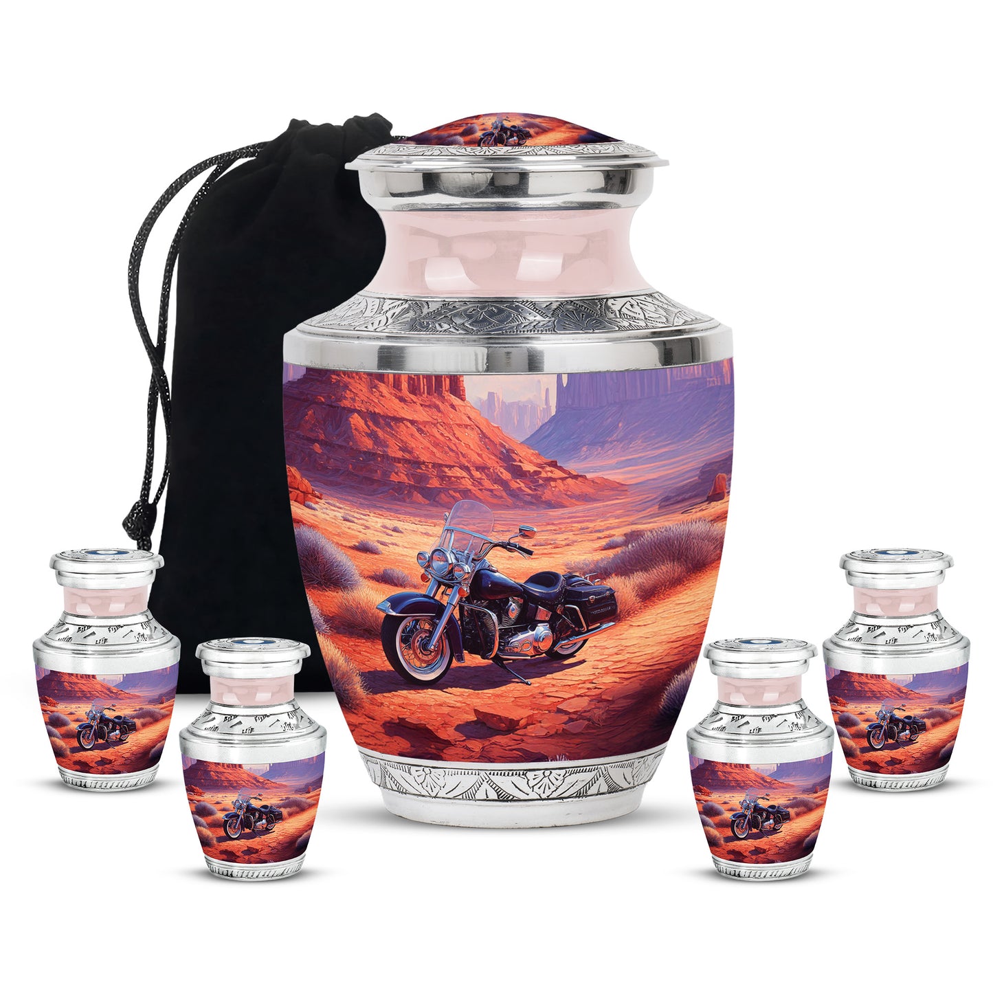 Rich Red Bike Cremation Urn lifestyle display on memorial shelf - artistic bike interpretation with creative detail - memorial set with one large and four small urns