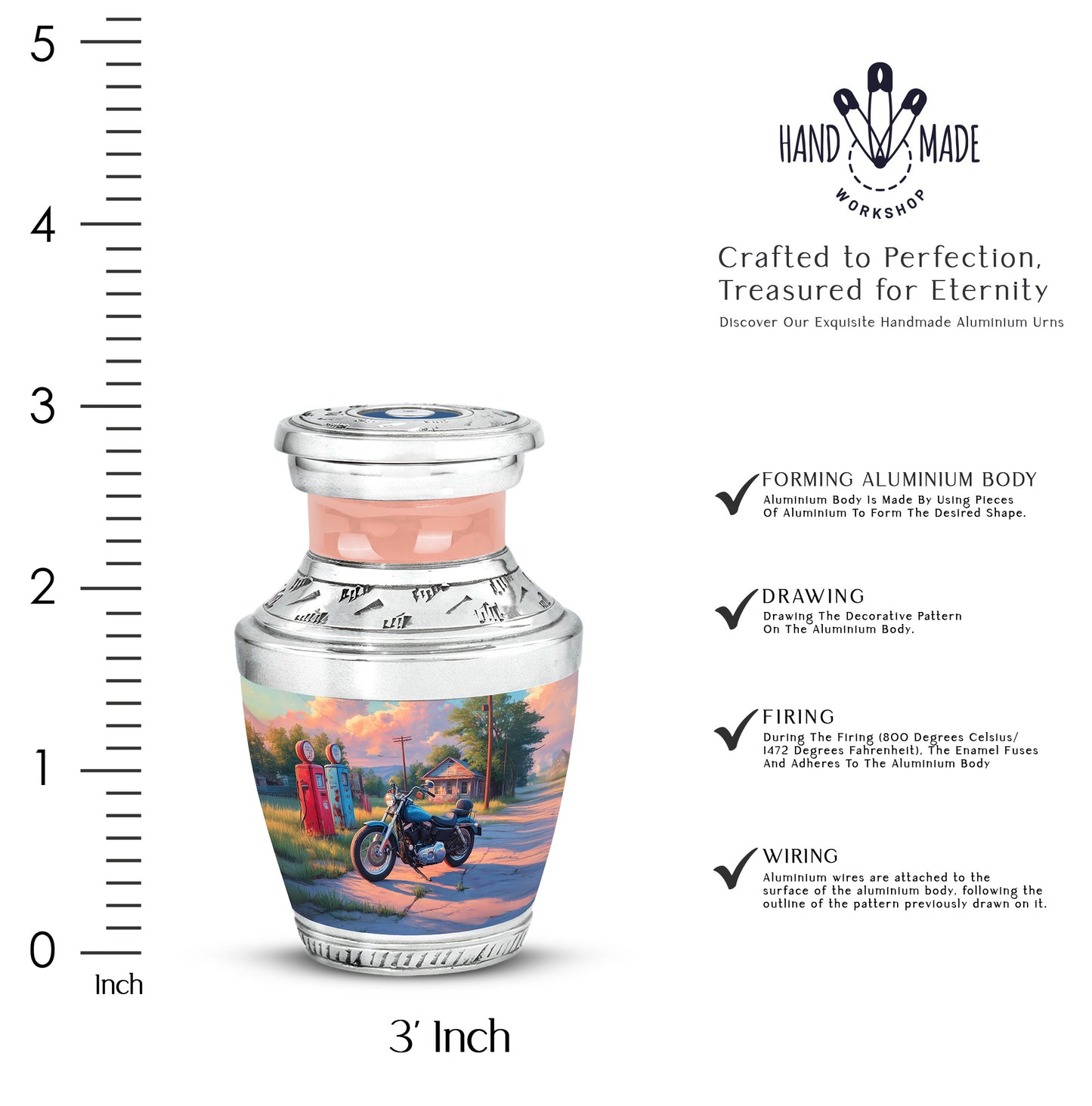 Celestial Blue Bike Cremation Urn top-down view of secure threaded lid - modern art-inspired bike motif on sleek aluminum - mini keepsake memorial for portion of cremation ashes