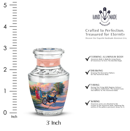 Celestial Blue Bike Cremation Urn top-down view of secure threaded lid - modern art-inspired bike motif on sleek aluminum - mini keepsake memorial for portion of cremation ashes