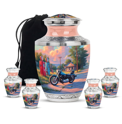 Cobalt Blue Bike Cremation Urn lifestyle display on memorial shelf - artistic bike interpretation with creative detail - memorial set with one large and four small urns