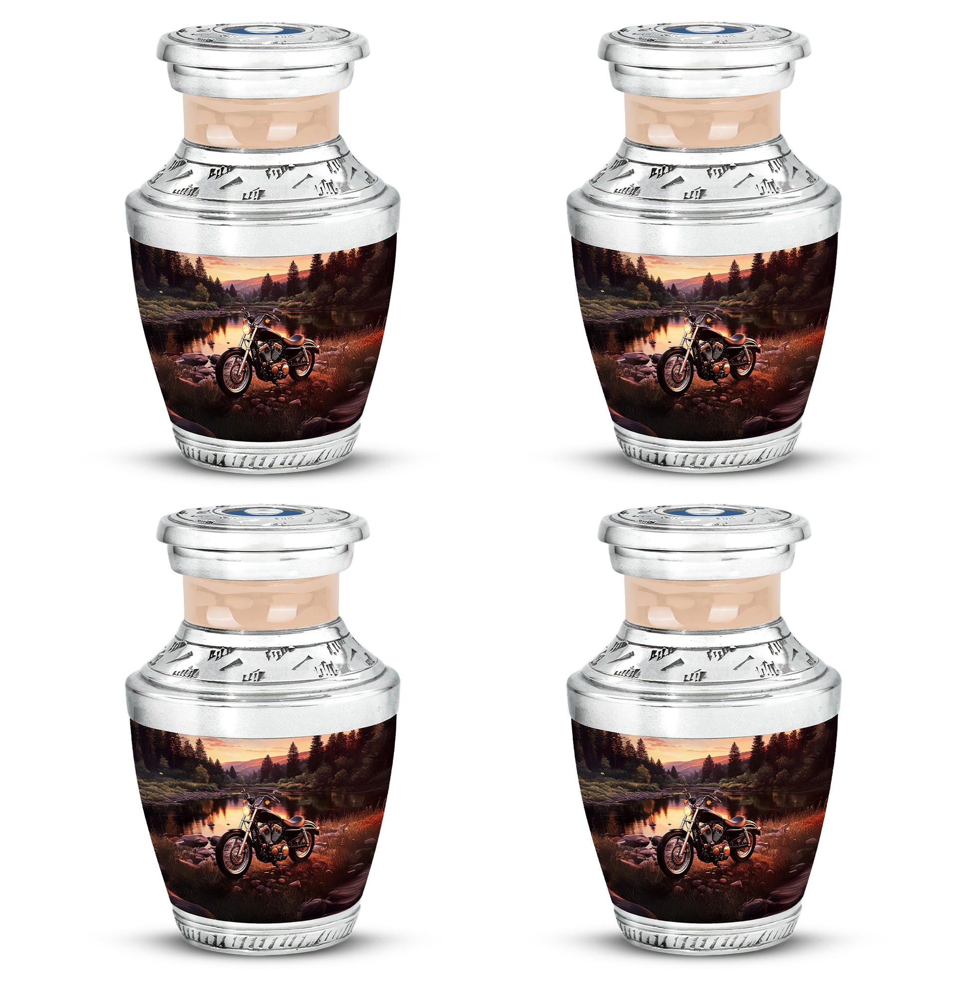 Sunrise Gold Bike Cremation Urn back view with polished surface - modern art-inspired bike motif on sleek aluminum - 10 inch aluminum urn for cremated remains
