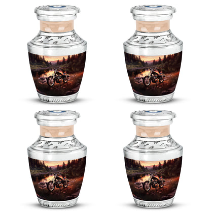 Sunrise Gold Bike Cremation Urn back view with polished surface - modern art-inspired bike motif on sleek aluminum - 10 inch aluminum urn for cremated remains