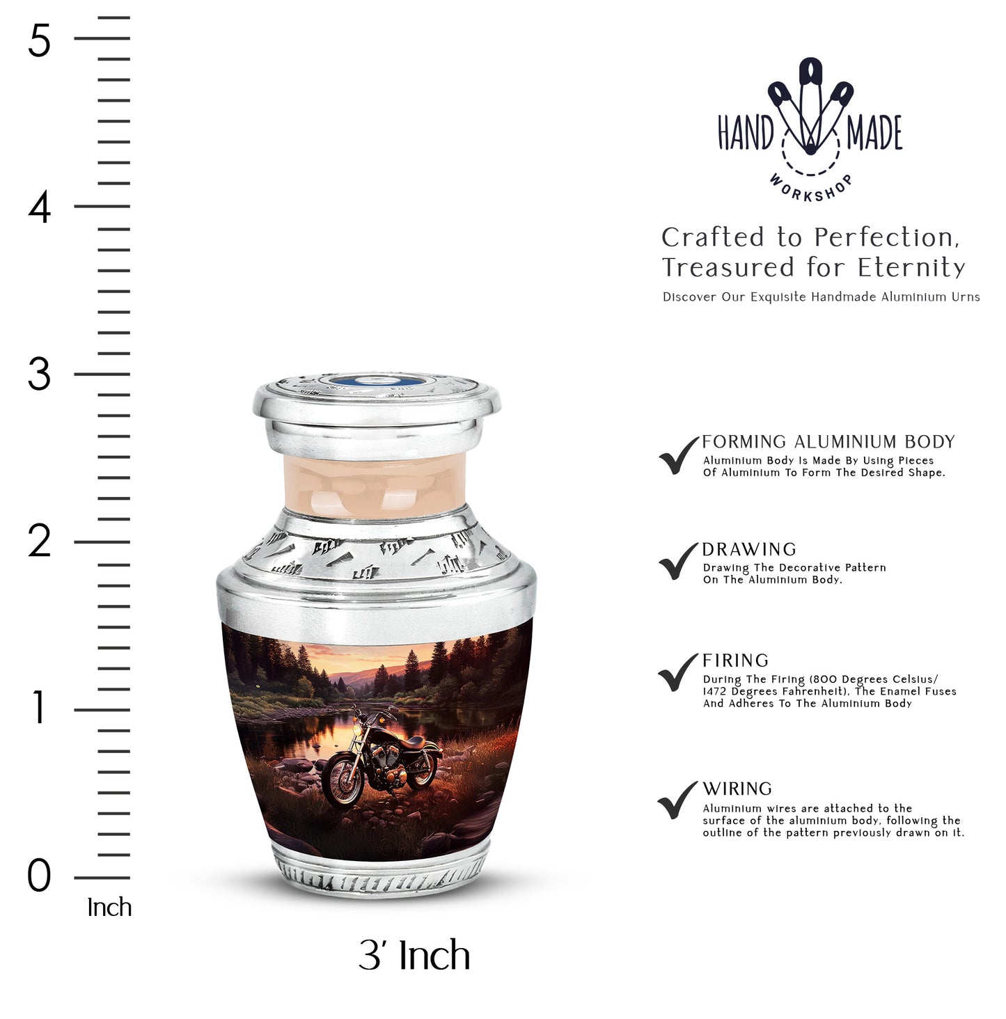 Sunrise Gold Bike Cremation Urn top-down view of secure threaded lid - modern art-inspired bike motif on sleek aluminum - mini keepsake memorial for portion of cremation ashes