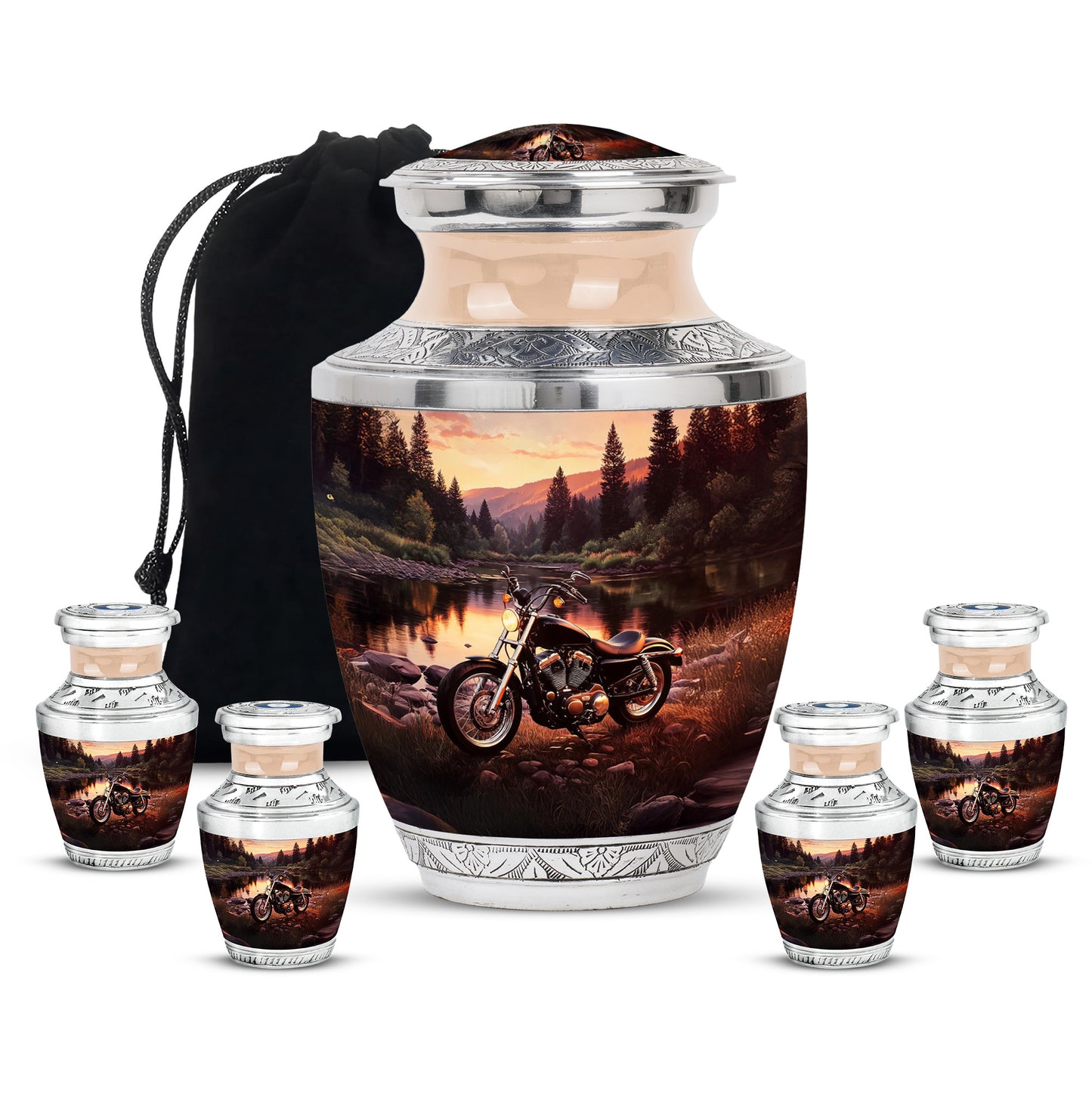 Gilded Gold Bike Cremation Urn lifestyle display on memorial shelf - modern art-inspired bike motif on sleek aluminum - memorial set with one large and four small urns