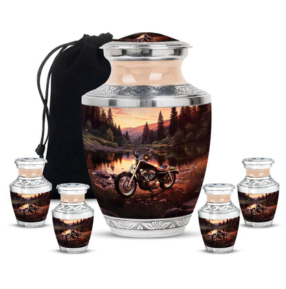 Gilded Gold Bike Cremation Urn lifestyle display on memorial shelf - modern art-inspired bike motif on sleek aluminum - memorial set with one large and four small urns
