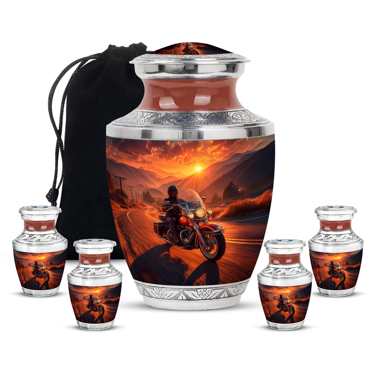 Royal Gold Bike Cremation Urn lifestyle display on memorial shelf - artistic bike interpretation with creative detail - memorial set with one large and four small urns