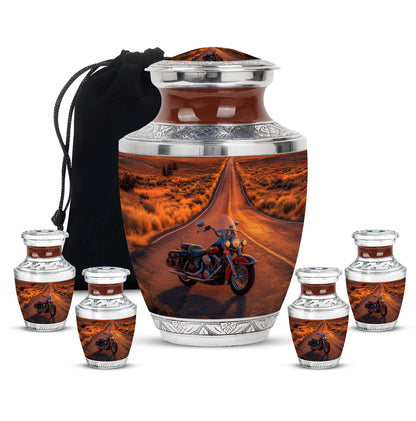 Garnet Red Bike Cremation Urn lifestyle display on memorial shelf - contemporary bike design with modern artistic flair - memorial set with one large and four small urns