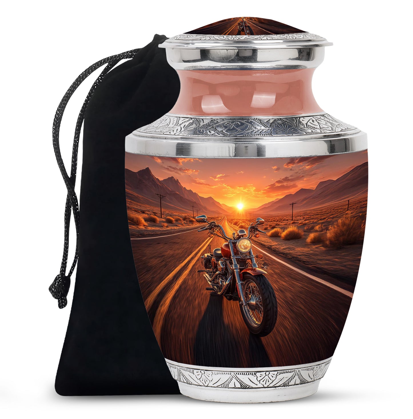 Royal Gold Bike Cremation Urn side profile showing urn shape - stylized abstract bike pattern with bold lines - full-size 10 inch 200 cubic inch adult cremation urn