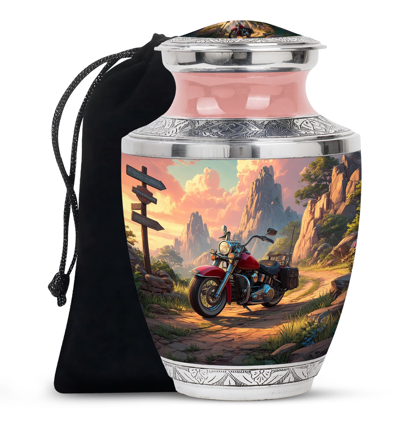 Fiery Red Bike Cremation Urn side profile showing urn shape - stylized abstract bike pattern with bold lines - full-size 10 inch 200 cubic inch adult cremation urn