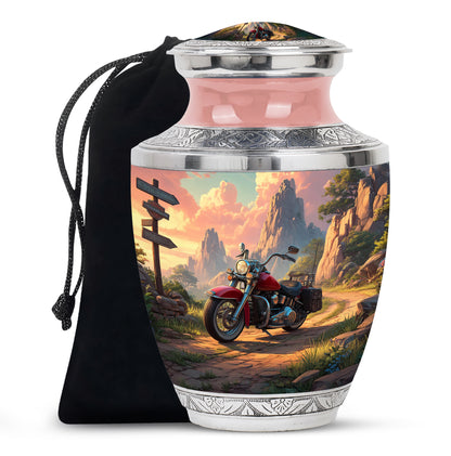 Fiery Red Bike Cremation Urn side profile showing urn shape - stylized abstract bike pattern with bold lines - full-size 10 inch 200 cubic inch adult cremation urn