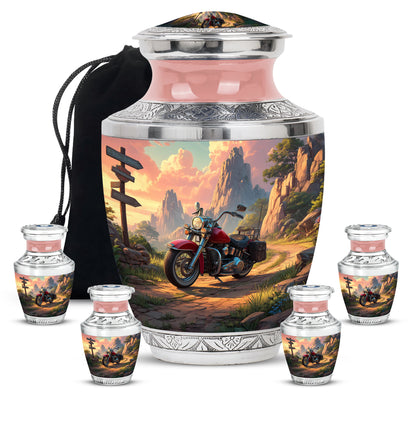Deep Red Bike Cremation Urn lifestyle display on memorial shelf - contemporary bike design with modern artistic flair - memorial set with one large and four small urns
