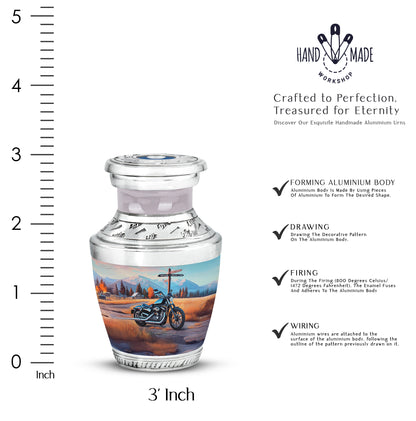 Icy Blue Bike Cremation Urn top-down view of secure threaded lid - contemporary bike design with modern artistic flair - mini keepsake memorial for portion of cremation ashes