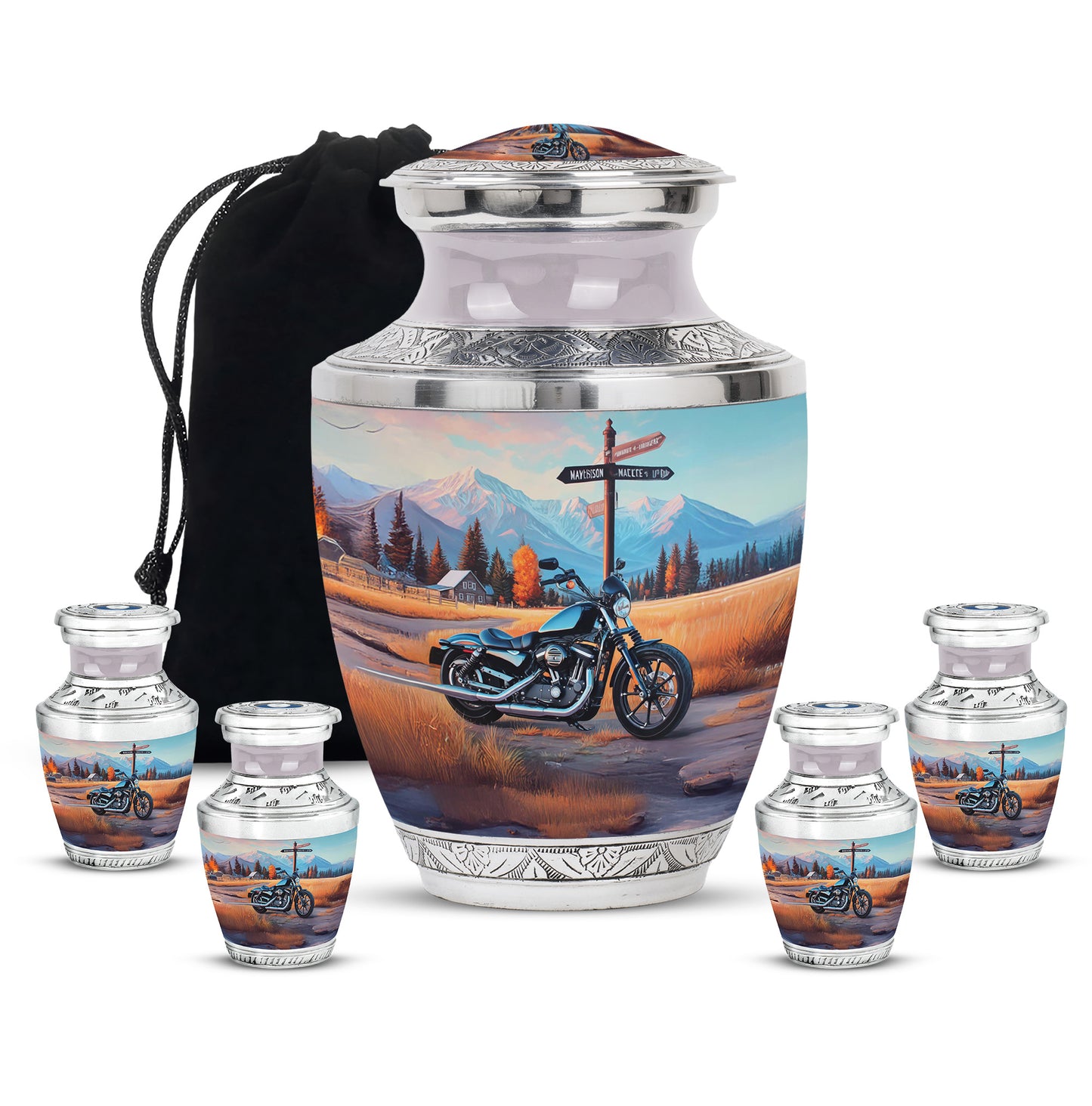 Slate Blue Bike Cremation Urn lifestyle display on memorial shelf - contemporary bike design with modern artistic flair - memorial set with one large and four small urns