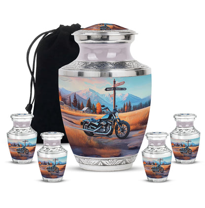 Slate Blue Bike Cremation Urn lifestyle display on memorial shelf - contemporary bike design with modern artistic flair - memorial set with one large and four small urns
