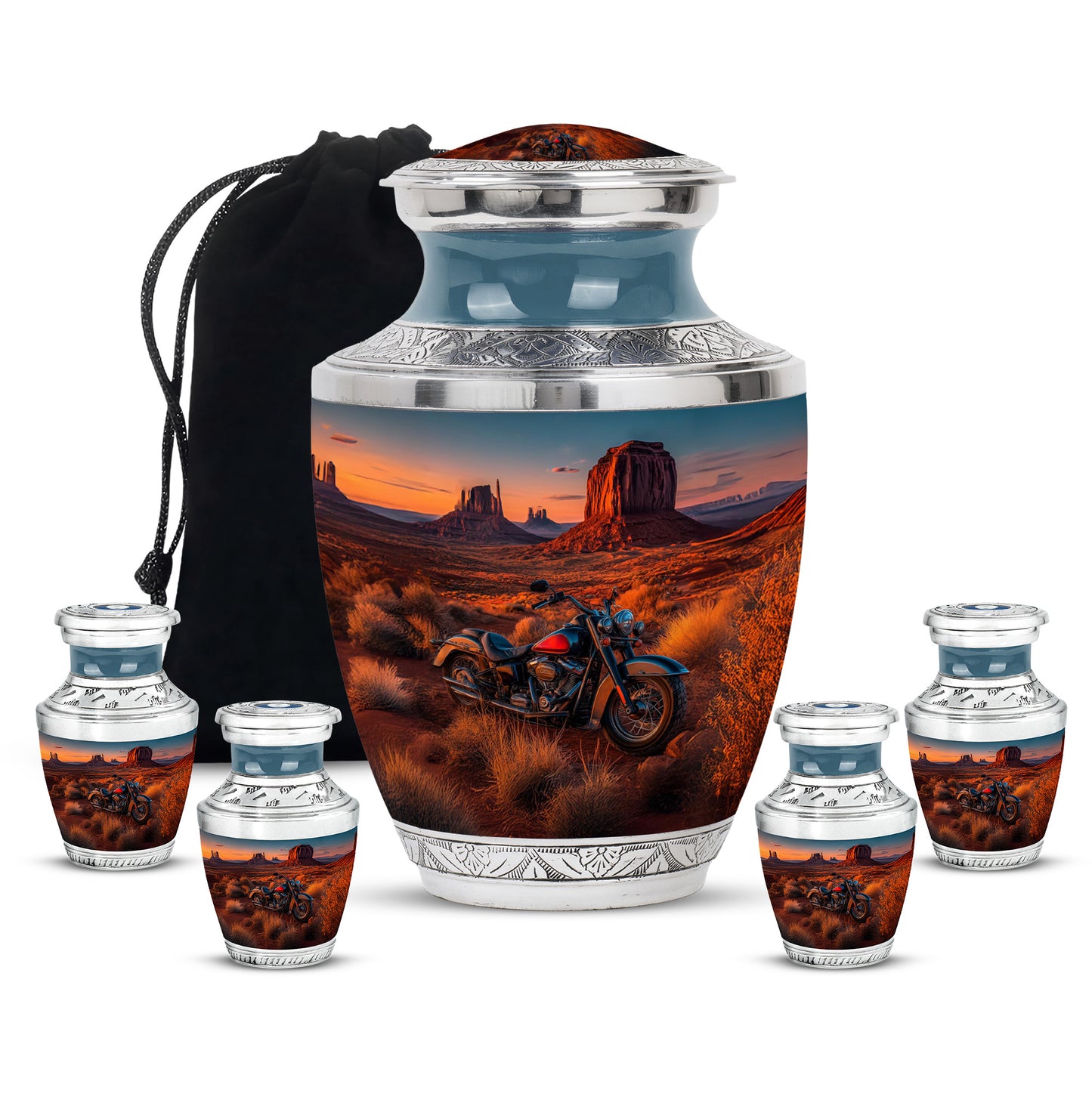 Serene Blue Bike Cremation Urn lifestyle display on memorial shelf - artistic bike interpretation with creative detail - memorial set with one large and four small urns