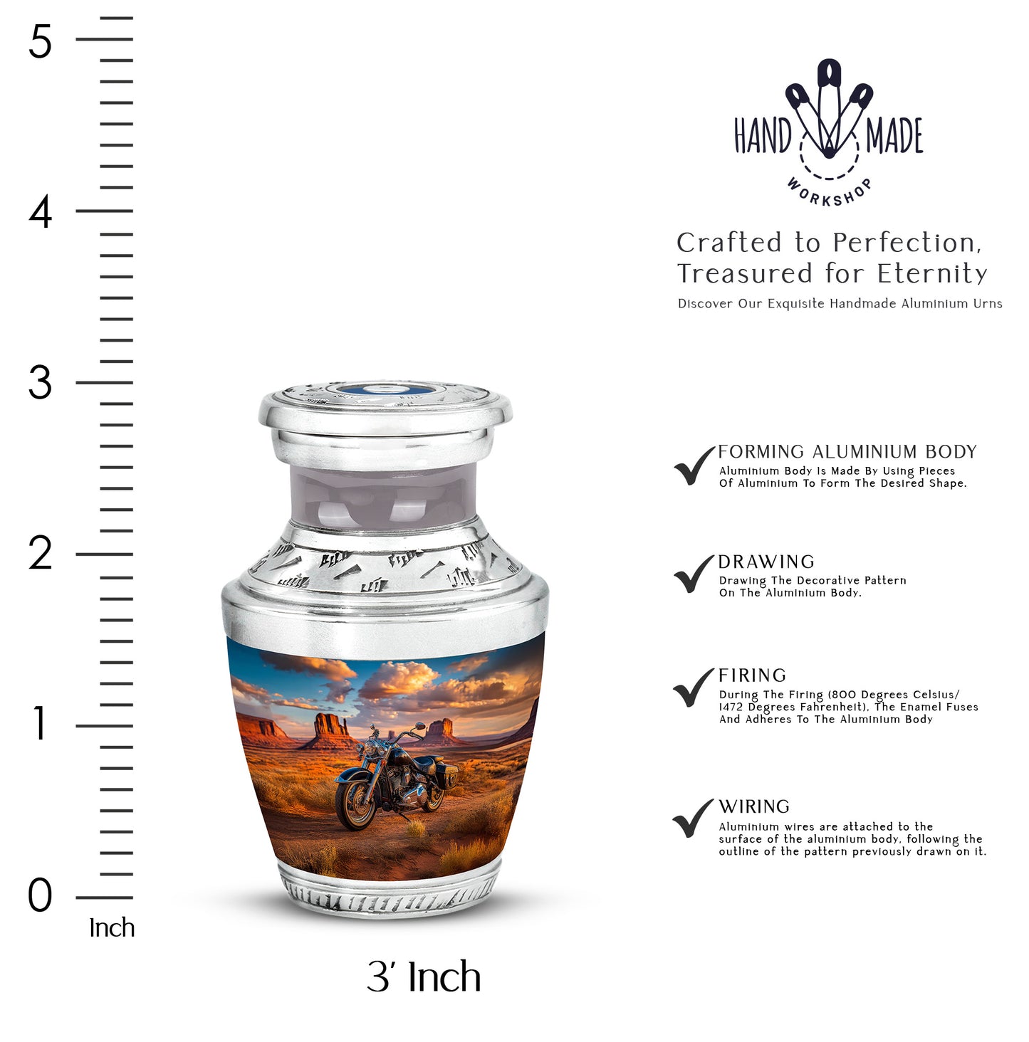 Cornflower Blue Bike Cremation Urn top-down view of secure threaded lid - stylized abstract bike pattern with bold lines - mini keepsake memorial for portion of cremation ashes