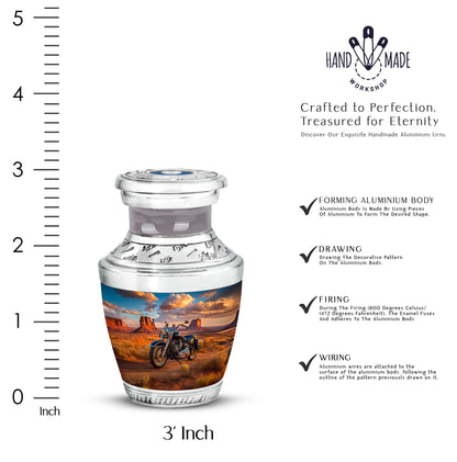 Cornflower Blue Bike Cremation Urn top-down view of secure threaded lid - stylized abstract bike pattern with bold lines - mini keepsake memorial for portion of cremation ashes