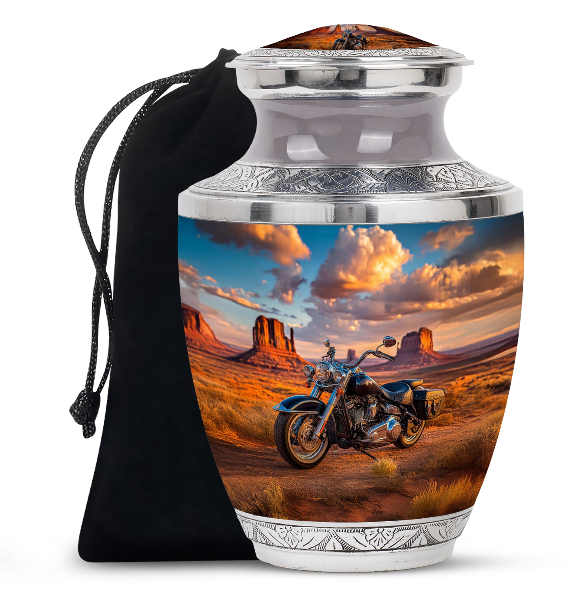 Cobalt Blue Bike Cremation Urn side profile showing urn shape - artistic bike interpretation with creative detail - full-size 10 inch 200 cubic inch adult cremation urn