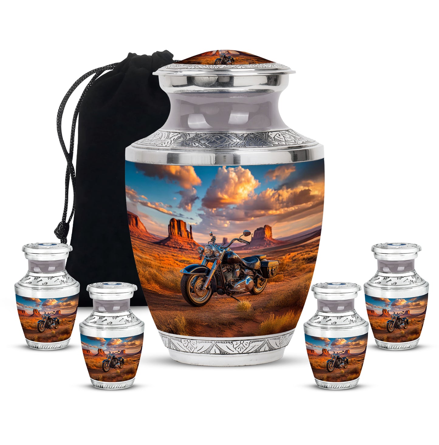 Steel Blue Bike Cremation Urn lifestyle display on memorial shelf - stylized abstract bike pattern with bold lines - memorial set with one large and four small urns