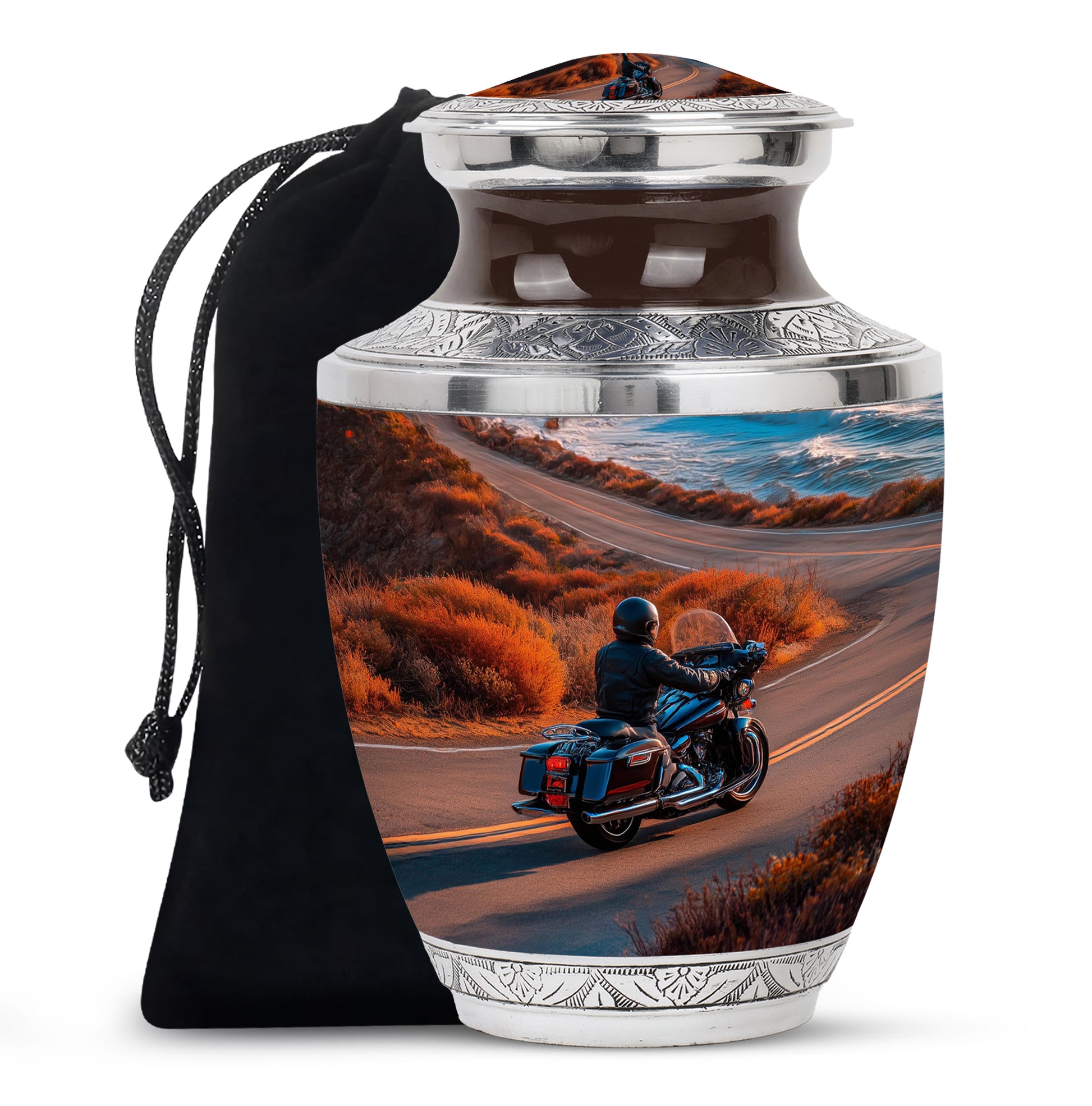 Amber Gold Bike Cremation Urn side profile showing urn shape - modern art-inspired bike motif on sleek aluminum - full-size 10 inch 200 cubic inch adult cremation urn
