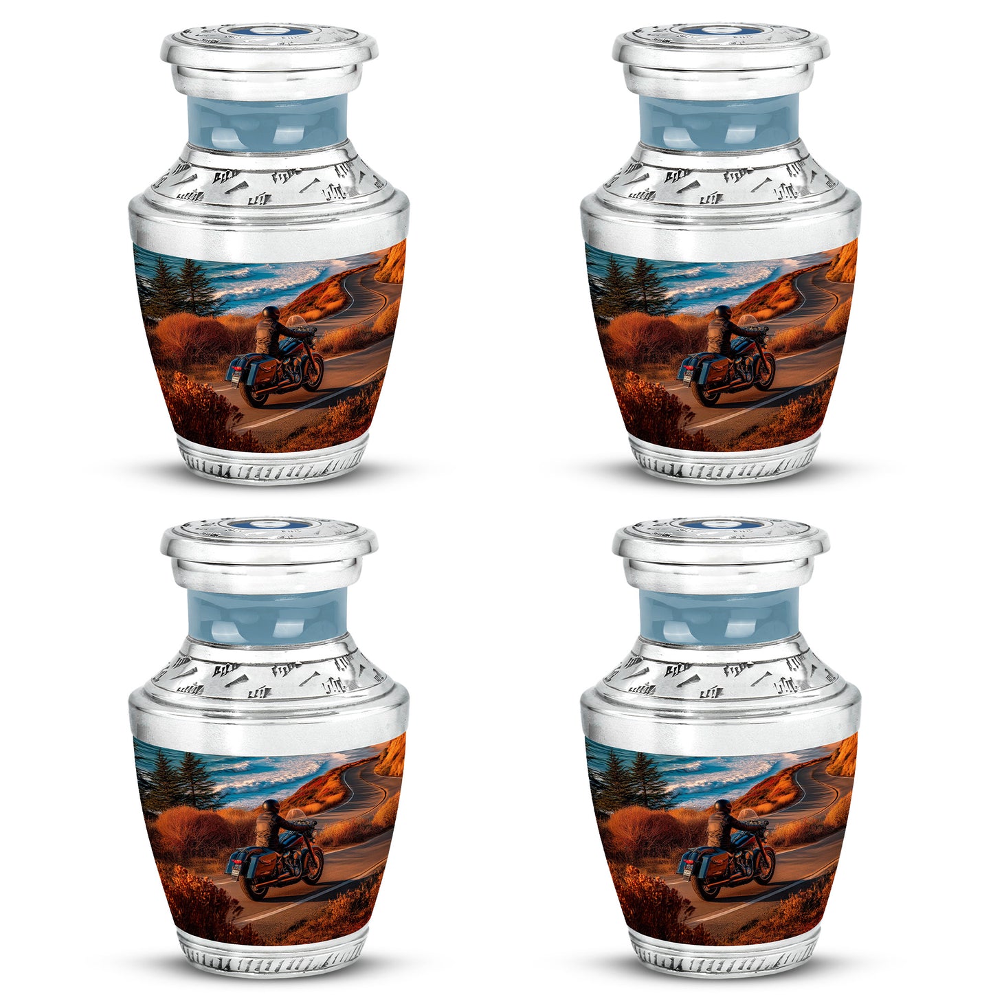 Aqua Teal Bike Cremation Urn back view with polished surface - artistic bike interpretation with creative detail - 10 inch aluminum urn for cremated remains