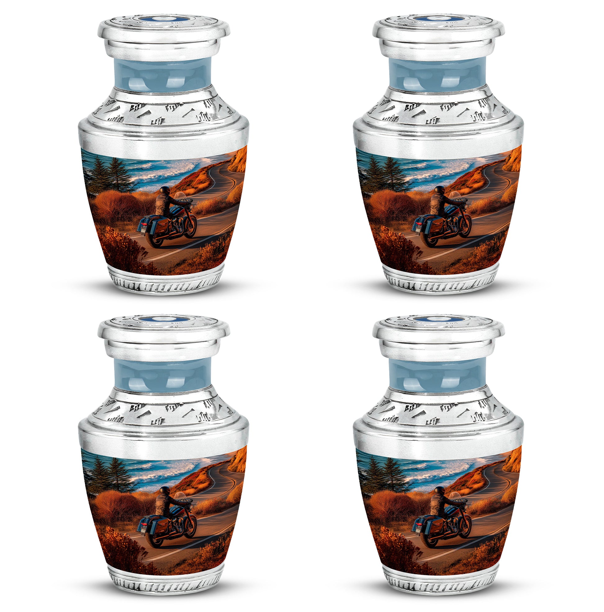 Aqua Teal Bike Cremation Urn back view with polished surface - artistic bike interpretation with creative detail - 10 inch aluminum urn for cremated remains
