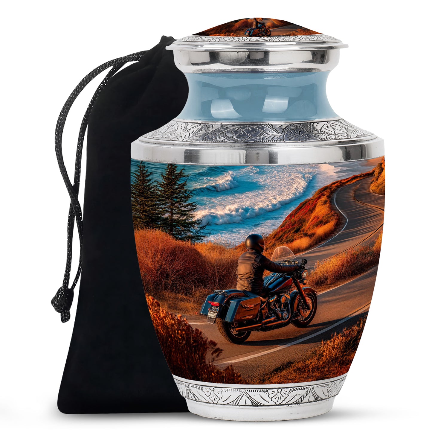 Ocean Teal Bike Cremation Urn side profile showing urn shape - modern art-inspired bike motif on sleek aluminum - full-size 10 inch 200 cubic inch adult cremation urn