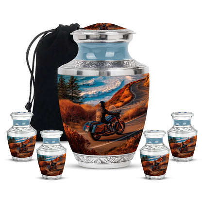 Cool Teal Bike Cremation Urn lifestyle display on memorial shelf - contemporary bike design with modern artistic flair - memorial set with one large and four small urns