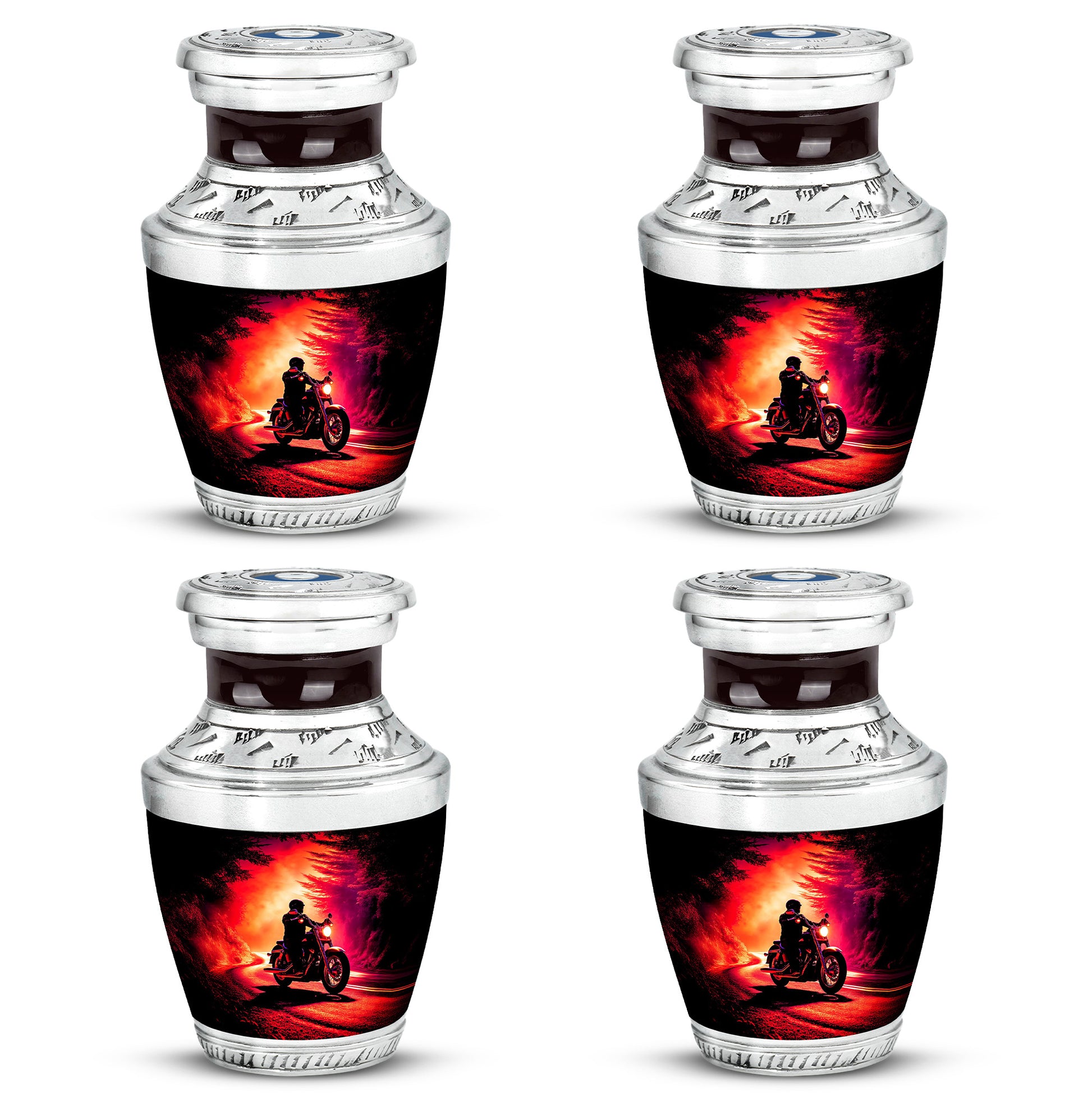 Charcoal Black Bike Cremation Urn back view with polished surface - stylized abstract bike pattern with bold lines - 10 inch aluminum urn for cremated remains
